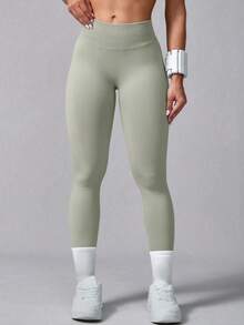 Women's 1pc Solid Color High Waist Seamless Elastic Ribbed Waist Design Slim Fit Fashion Versatile Daily Sports Leggings, Outdoor Running Fall - Light Grey - View 2