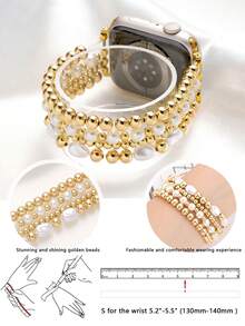 串珠手链，兼容 表带 41mm、40mm、38mm、42mm、44mm、45mm、49mm，女士款式，金色珠子，手工弹力表带，适用于 Series SE、9、8、7、6、5、4、3、2、1，情侣礼物，金色手链套装 - Pearl White - 查看 2