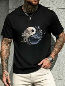 Men's YinYang Wave Graphic T-Shirt, Autumn, High Quality Cotton, Comfortable Fit, Breathable, Casual, High Impact Print. - Black - View 2