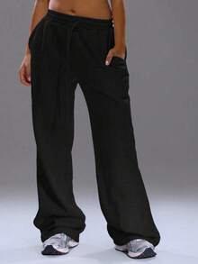 Pantalones jogger anchos y desgastados, cómodos, lindos, casuales y básicos para otoño, primavera y uso diario - Negro - Ver 7