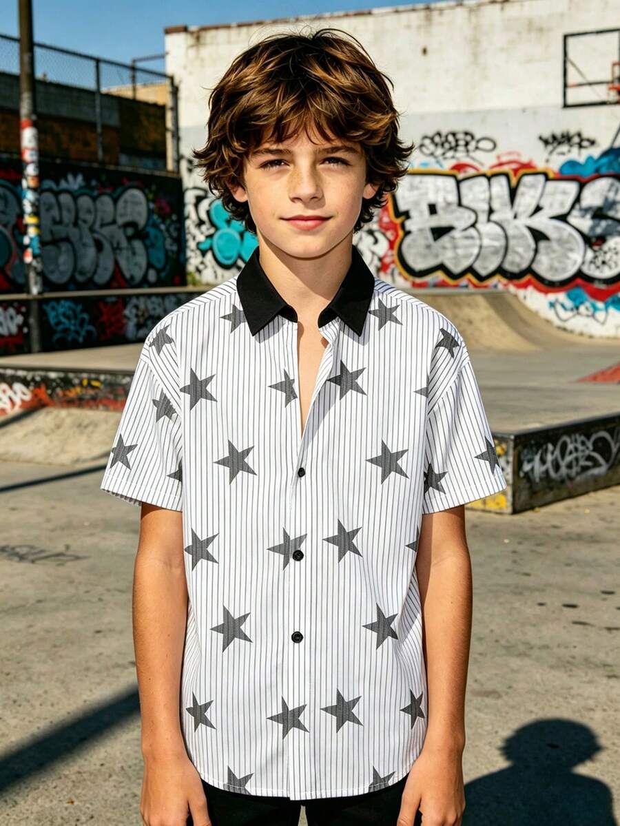 Boys' Simple Casual Short Sleeve T-Shirt With Star Pattern, New Comfortable Summer Children's Top - Multicolor - View 1