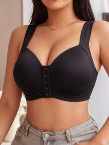 Plus Size Solid Color Front Closure Supportive Bra With Comfortable Wide Straps, Seamless Everyday Underwear - Black - View 6