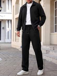Business Casual Solid Color Zip-Up Jacket And Pants 2 Pieces Set, Versatile Everyday Casual Outfit - Black - View 1