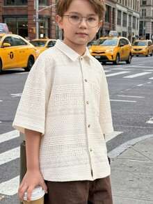 1pc Boys Hollow Crochet Shirt, 100% Polyester Breathable Textured Knit Button-Up Top, Vintage Bohemian Style Teen Boy Summer Short Sleeve Vacation Outfit - Beige - View 9