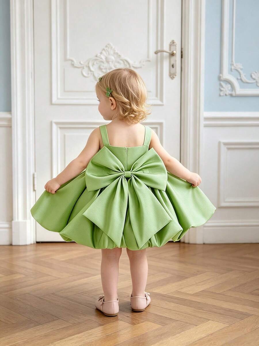 Baby Girls Satin Back Bow Tutu Flower Girl Dress, Suitable For 1st Birthday Party, Headband Not Included - Green - View 1