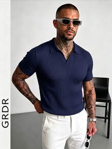 GRDR Men's Summer Knit Polo Shirt, Solid Color Short Sleeve Knitted Collar, Suitable For Summer Outings, Essential For Fashionable Outfit - Navy Blue - View 4