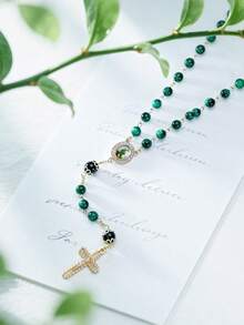 Kalung Rosario Religius Manik Hijau, Salib & Liontin Santo Yudas & Bunda Maria, Aksesori Devosi Katolik Klasik untuk Hari Raya Keagamaan dengan Kotak Hadiah. - Biru - View 9
