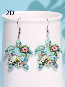 Par de Pendientes Acrílicos de Tortuga Verde con Pedrerí2D, DiseñMinimalista y Creativo, Ideales para la Playa, Vacaciones y Fiestas para Mujeres - Multicolor - Ver 1