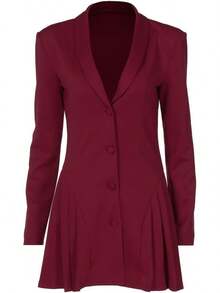 Vestido Blazer Mini Elegante para Mujer con Cuello en V Profundo, Manga Larga, Botones y Pliegues - Burdeos - Ver 4