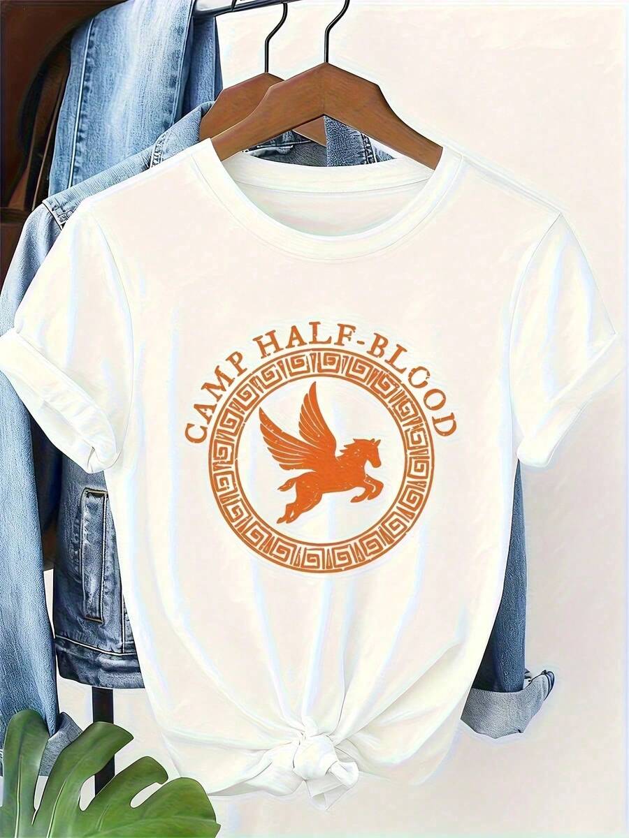 Camiseta de Mujer con Estampado de Caballo de la Mitología Griega |     Camiseta de mujer de manga corta, estilo casual y elegante, corte de verano, cuello redondo, playeras de hombre, mundi - Blanco - Ver 1