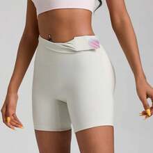 Solid Color Women's Fitness Sports Shorts High Waist Yoga Leg Shorts Cycling Full Body Workout Jog Squat Proof Inner Pocket - 亮橙色 - 查看 7