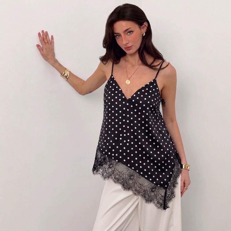 V-Neck Top With Irregular Lace Trim, Loose Camisole, New 2026 Style. - 黑底白 - 查看 1