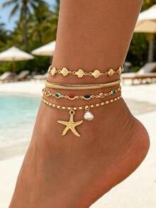 Juego de tobilleras casuales estilo oceánico, combinacióde cuentas de arroz, conchas y estrellas de mar en oro blanco, joyerípara pies de mujer, estilo de vacaciones de nicho adecuado - Multicolor 2 - Ver 7