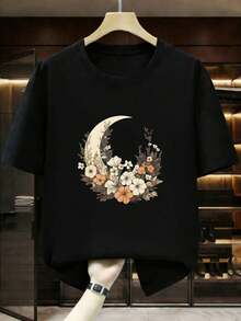 Casual T-Shirt With Moon And Flowers Print, Women's Cotton Graphic Tees, Unisex Black T-Shirt, Graphic Tees, Couple Sets, Streetwear T-Shirt For Him/Her - 黑色 - 查看 1
