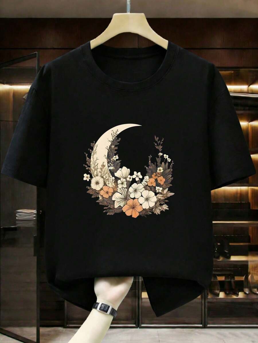 Casual T-Shirt With Moon And Flowers Print, Women's Cotton Graphic Tees, Unisex Black T-Shirt, Graphic Tees, Couple Sets, Streetwear T-Shirt For Him/Her - 黑色 - 查看 1