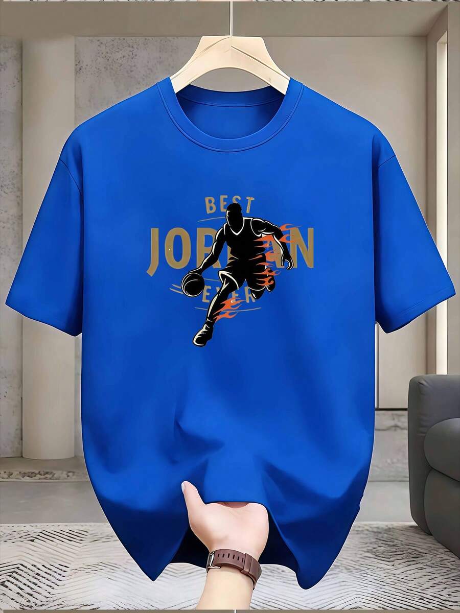 Men's Crew Neck T-Shirt, Casual And Fashionable, With Basketball Player Dribbling Silhouette With Flames, "Best Ever" Letter Print, Men's Fashion, For Adult Men - 酒紅色 - 查看 1
