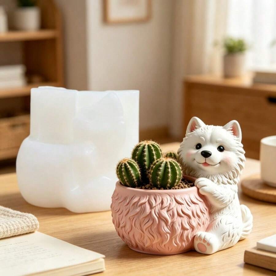 Cute Samoyed Dog Shaped Clay Silicone Mold Flowerpot, Embossed Dog Hug Flowerpot Shape Planting Succulent Plant Flowerpot Gypsum Mold, DIY Gypsum/Resin/Clay Dog Storage Box Mold, Ideal Choice For Home Decoration And Holiday Gifts - A - View 1
