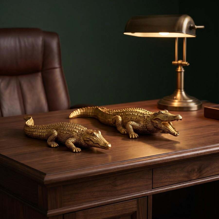 Vintage Gold Crocodile Resin Figurine, Decorative Crocodile Sculpture Suitable For Home And Office Desktop - 1PC - View 1