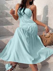 Vestido con escote de tubo plisado de tela texturizada color melocotón claro, con tirantes finos, cintura suelta, estilo relajado para vacaciones - Azul menta - Ver 1
