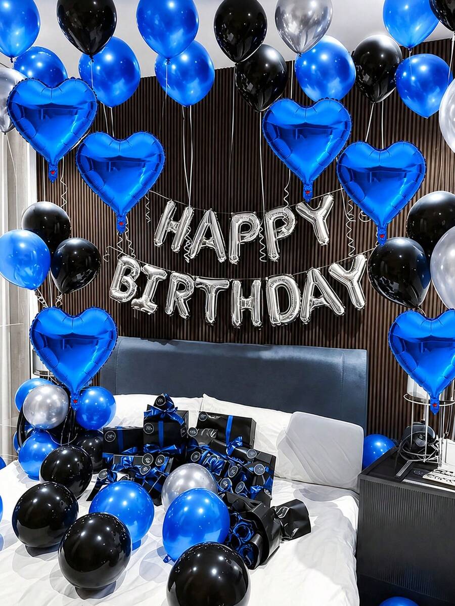 60件組 16英吋銀色 HAPPY BIRTHDAY 字母氣球套組,18英吋藍色愛心氣球,藍色黑色金屬銀乳膠氣球,適用於生日派對、嬰兒洗禮裝飾 - 彩色 - 查看 1