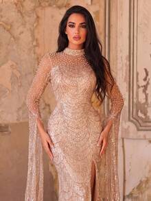 Faeriesty Vestido de Noche Lujoso y Brillante con Adornos de Perlas Falsas y Bajo de Cola de Sirena para Boda y Fiesta - Champán - Ver 3