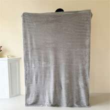 1pc Oversized Striped Blanket, Wide Stripe Cutout Faux Rabbit Fur, Milk Plush, Flannel Throw Blanket, Casual Nap Blanket, Office Siesta Small Throw - Light Grey - View 5