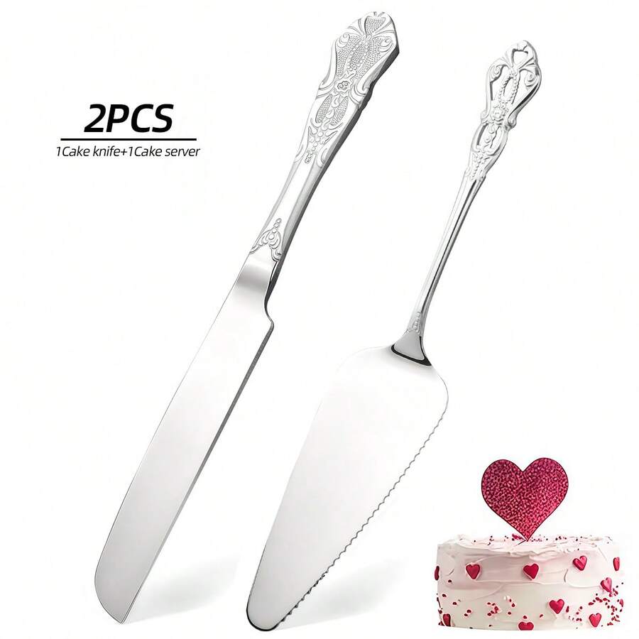 1/2pcs Elegant Cake Server Set, Retro Embossed Handle Cake Knife And Spatula, Durable Dessert Serving Tools For Afternoon Tea Celebration Wedding Party - View 1