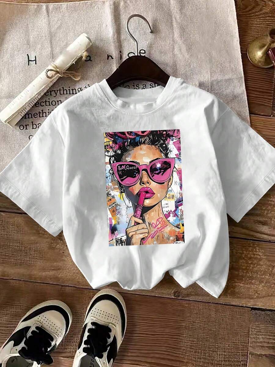 Unisex Size. 1 Pack. Short-Sleeved T-Shirt, Round Neck, 100% Cotton, Printed, Lightweight And Breathable Fabric, Casual Fashion Style, Suitable For Everyday Life, Casual Outings And Dates. - 白色的 - 查看 1