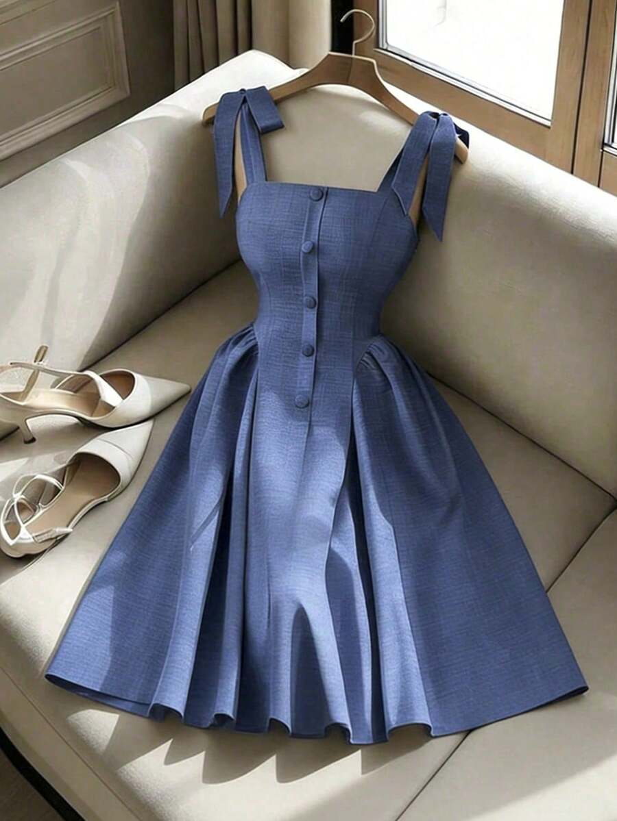 Nuevo vestido corto elegante y versátil para mujeres con tirantes de hombro anudados, textura de tejido de dos tonos y ajuste ceñido para uso diario - amarillo ganso - Ver 1