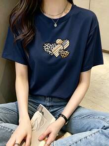 2026 Maija2026 MaijaWomen's T-Shirt With Leopard, Stripes And Hearts Print, Soft And Breathable Fabric, Loose Fit, Ideal For All Body Types, For Summer, Daily Use, Sport - 蔚藍 - 查看 1