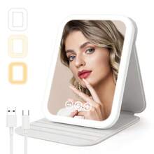 Travel Makeup Mirror With Light, Portable Beauty Mirror With 3 Color Lighting, Dimmable Touch Screen, Rechargeable LED Desktop Vanity Mirror - 白色 - 查看 7