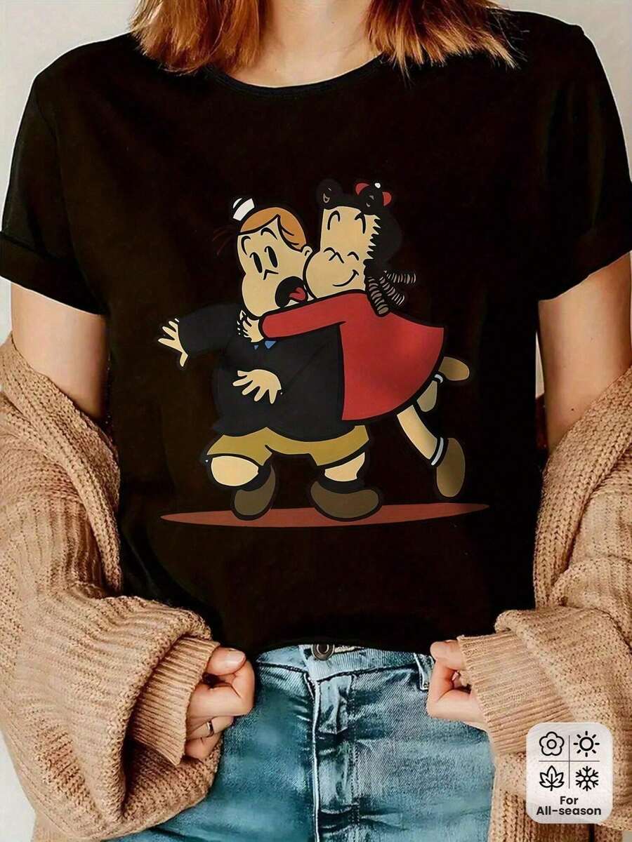 Cute Couple Print T-Shirt, Short Sleeve, Round Neck, Streetwear, Casual, Japanese Style, Kawaii, Urban, Alternative, Retro Top - 黑色 - 查看 1