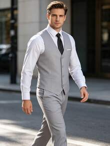 WindsorQuad Chaleco de traje para hombre, chaleco de contraste de caballero, conjunto de chaleco y corbata de traje de boda de corte slim de moda, de una sola hilera, para ocasiones formales como negocios, fiestas, viajes, graduación, color gris claro - Gris Claro - Ver 10
