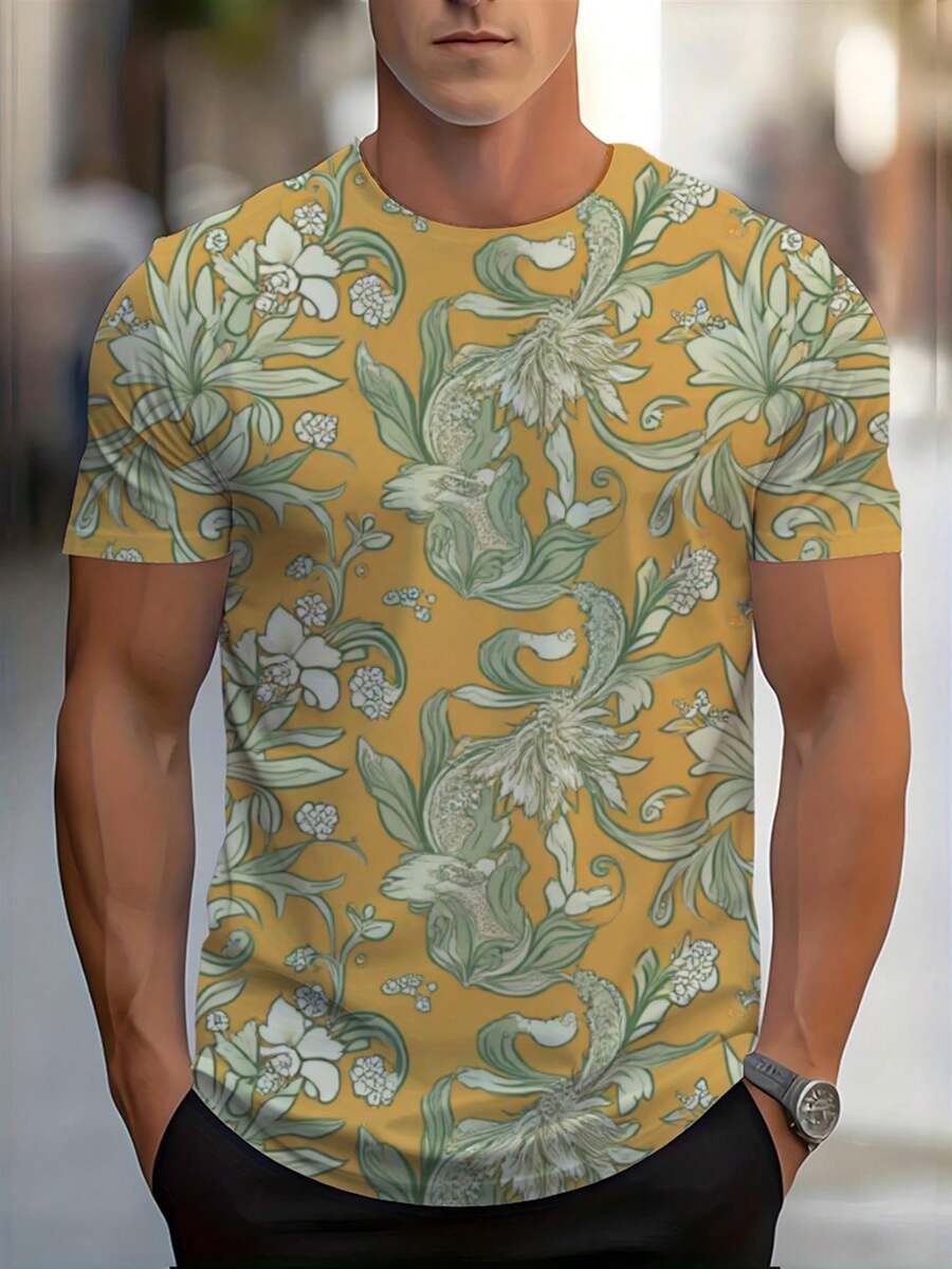 Camiseta Premium de Cuello Redondo para Hombre con Estampado Floral y Paisley de Inspiración Vintage - Base Amarillo Suave, Motivos Curvilineos Elegantes, Ropa Casual para Todas las Temporad - Negro - Ver 1