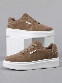 Men's Fashion Solid Color Skateboard Shoes, Comfortable Non-Slip Casual Lace-Up Thick Sole Athletic Shoes, Suitable For Outdoor Activities - Khaki - View 1