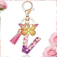 1pc Luxury Pink A-Z Lucky Initial Butterfly Pendant Resin Keychain, Women's Bag And Car Key Charm, Gift For Girlfriend, Mother And Teacher - Pink - View 28