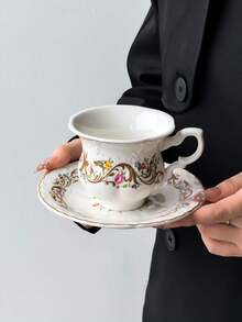 1 Set Dreamy Garden Palace Ceramic Coffee Cup & Saucer, French Palace Style Exquisite Women's Afternoon Tea Cup & Saucer Set, Delicate Embossed Mug & 6-Inch Floral Gold-Rimmed Plate, First Choice For Coffee, Dishwasher , Commercial Dessert Cup - Multicolor - View 9