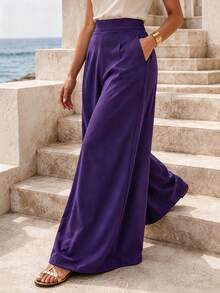 Flowy High Rise Palazzo Pants In Deep Purple Pleated Drape Trousers Premium Single Layer Non See Through Slacks - Purple - View 5