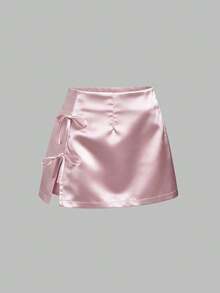 Minifalda de satén con abertura y lazo, color rosa, para uso casual - Rosa - Ver 2