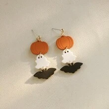 1 Pair Halloween Acrylic Engraved Pumpkin Earrings With Soft Clay-Like Texture Ghost & Bat Dangle Earrings For Kids - Multicolor - View 6