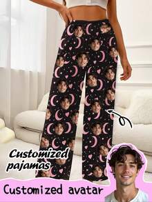 Custom Women Pet Face Moon Star Heart Pattern Women'S Home Sleep Pants, Personalized Gift For Daily Home Casual Wear, Valentine'S Day, Anniversary - Multicolor - View 1