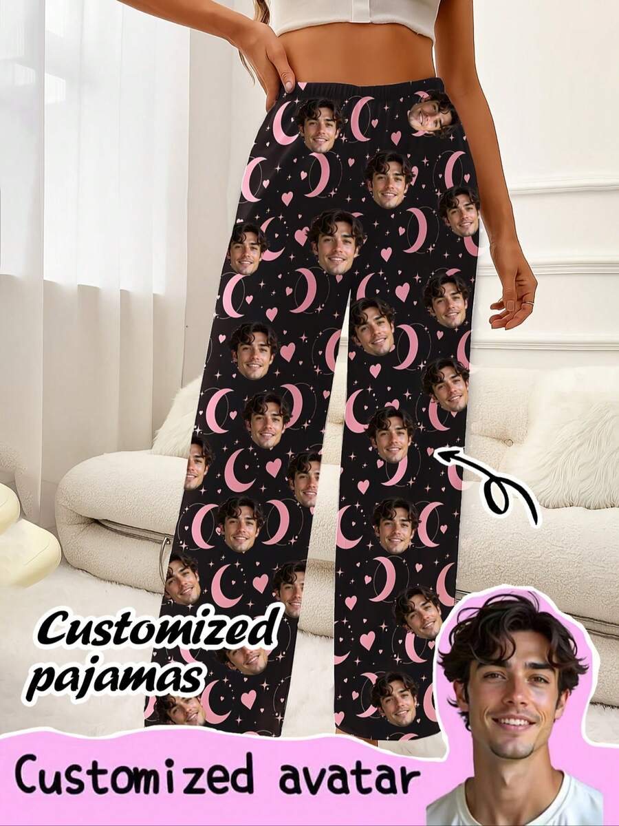 Custom Women Pet Face Moon Star Heart Pattern Women'S Home Sleep Pants, Personalized Gift For Daily Home Casual Wear, Valentine'S Day, Anniversary - Multicolor - View 1