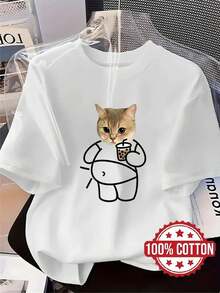 Camiseta TH447 Nueva Camiseta para Mujer, Diseño de Gatito Adorable, Camiseta Casual a la Moda con Estampado, 100% Cuello Redondo y Manga Corta, Absorbente de Sudor y Transpirable, Ropa Casu - Blanco - Ver 2