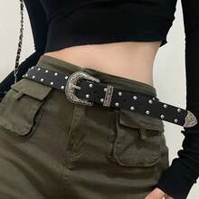 次文化原宿Y2K辣妹哥德龐克風皮革腰帶 深色重金屬扣環鉚釘女款腰帶 - A - 查看 6