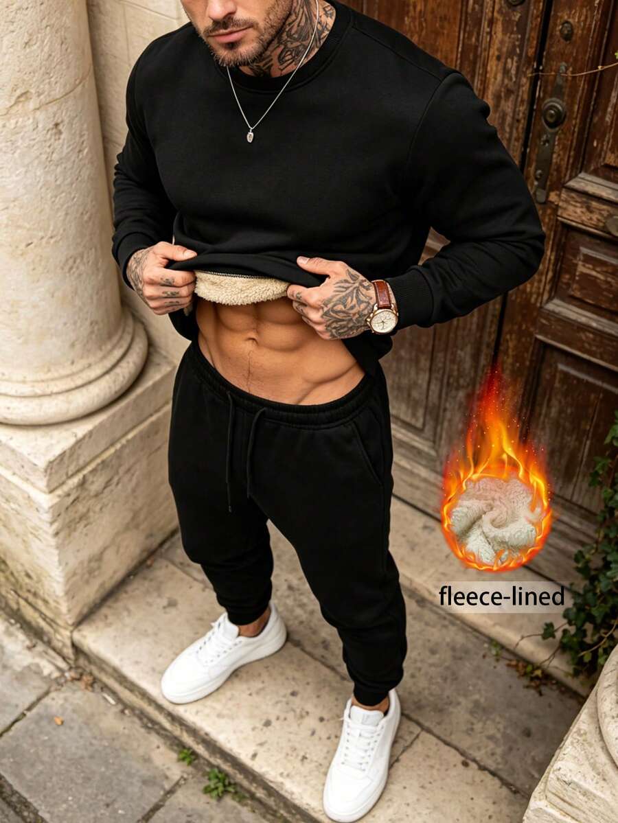 Men's Autumn/Winter Fashion Casual Black Crew Neck Pullover Fleece Sweatshirt And Pants Set, Suitable For Home And Daily Commute, Gift - Black - View 1