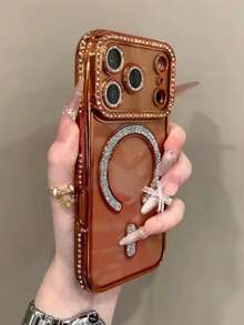 2025 高端閃亮水鑽手機殼，適用於 iPhone 17 AIR 16 15 14 13 12 11 Pro Max Plus，磁吸透明鏡頭保護 - 橘色 - 查看 3