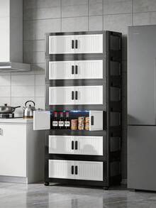 1pc 50cm Wide Folding Storage Cabinet, Large Capacity Multi-Layer Folding Storage Cabinet Set, Stackable Double Door Plastic Storage Cabinet, Multi-Purpose Home Storage Cabinet, Can Store Clothes, Books, Toys, Waterproof And Dustproof, With Wheels, Suitable For Bedroom, Living Room, Study, Bathroom, Home Organization, Christmas Decoration, Kitchen Storage Rack - Black and White - View 2