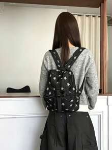 韓系小眾設計 Ins 風大容量波點星星通勤戶外日常購物學生背包復古水桶校包日系風格 - 深灰色 - 查看 6