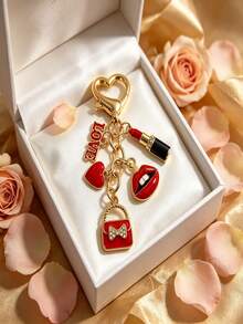 1pc Fashionable Red Keychain, Rhinestone-Encrusted Rhinoceros Pattern - Alloy Material, Paired With Letter Pendant And Heart Pendant, Perfect Back-To-School Gift For Her - Multicolor - View 1