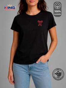 SHENDY VENDY Women's T-Shirt 100% Cotton, Short Sleeve, Round Neck, Soft And Comfortable T-Shirt, Minimalist Red Bow Print - 黑色 - 查看 1